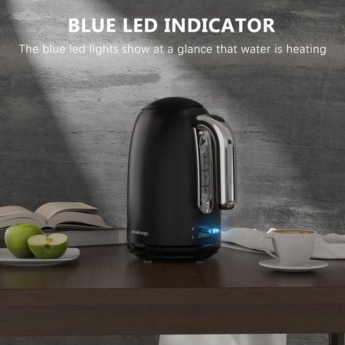 Evoloop Electric Kettle - 1.7L Stainless Steel Tea Kettle with Auto Shut-Off & Boil-Dry Protection | Black
