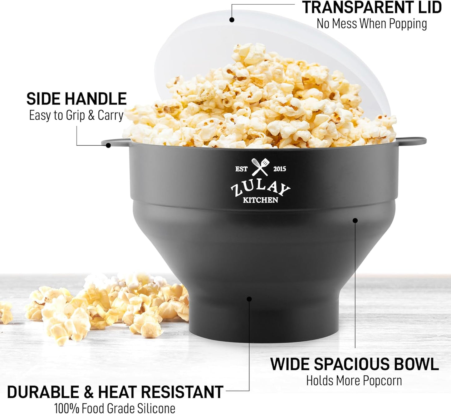 Zulay Microwave Popcorn Popper - Collapsible BPA-Free Silicone, Dishwasher Safe | Black, Spacious Design