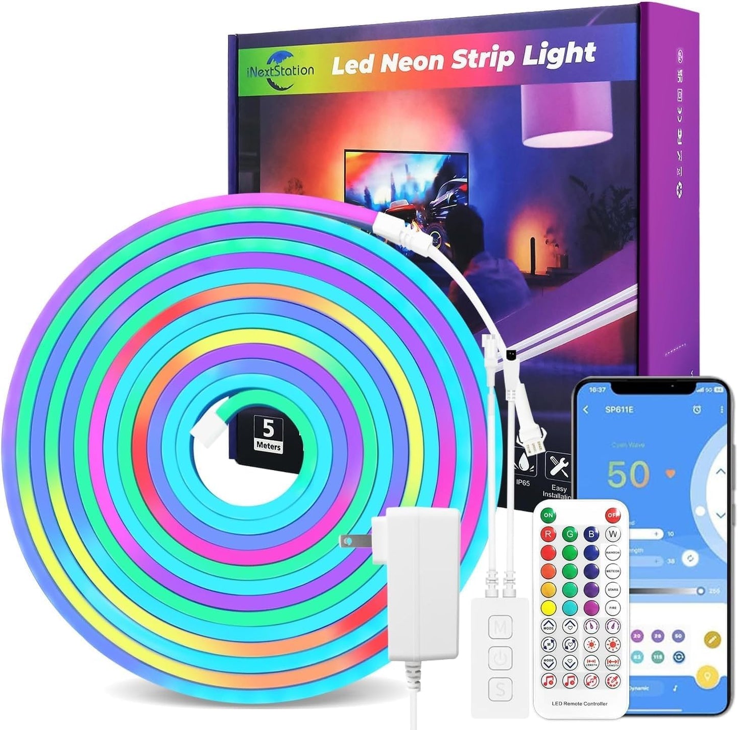 iNextStation RGB Smart IC Neon Rope Lights, 16.4ft LED Neon Flex with Power Adapter, Dynamic LED Strip Lights for Bedroom Gaming Room Wall Decor, Support Cutting, Music Sync, Smart APP Control
