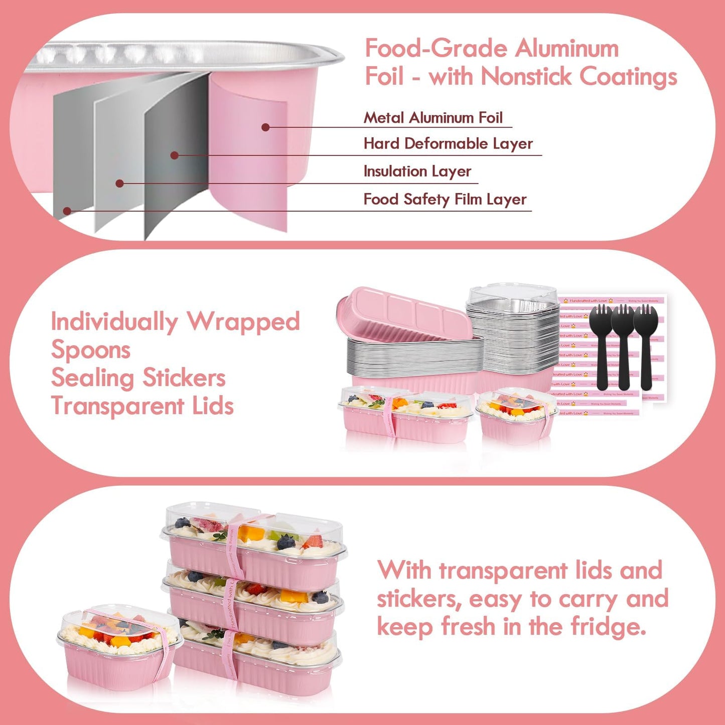YQER Mini Loaf Pans with Lids for Baking Bread Disposable, Mini Baking Pans with Lids and Spoons Pink Sticker, 50 Pcs 6.8oz Mini Foil Cake Pans, 30pcs 10oz Mini Aluminum Square Baking Cups with Lids