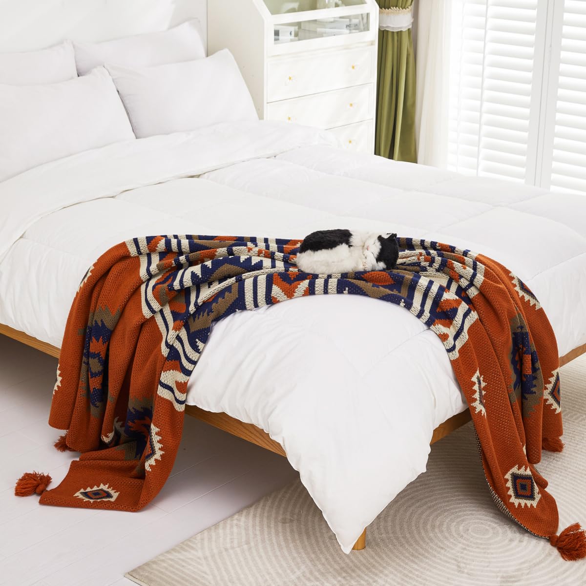 Chair Throw Blankets, Acrylic Knitted Southwest Tribal Bed Throws Couch Sofa Blanket, Native American Southwestern Soft Warm Throw Navaho Living Room Bedroom (Rusted Brown Navy White, 60”x80”)