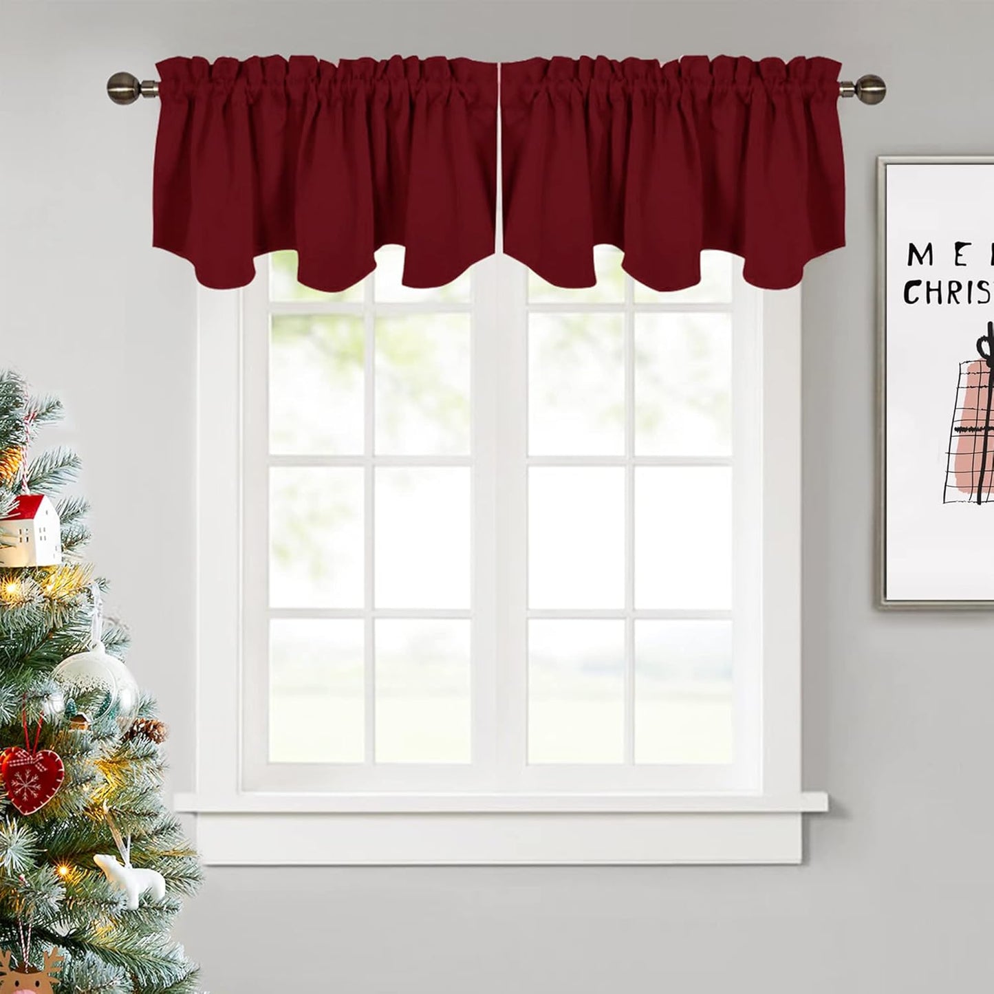 NICETOWN Burgundy Red Kitchen Blackout Valances - 52x18 Scalloped Pole Pocket Curtains, 2 Panels