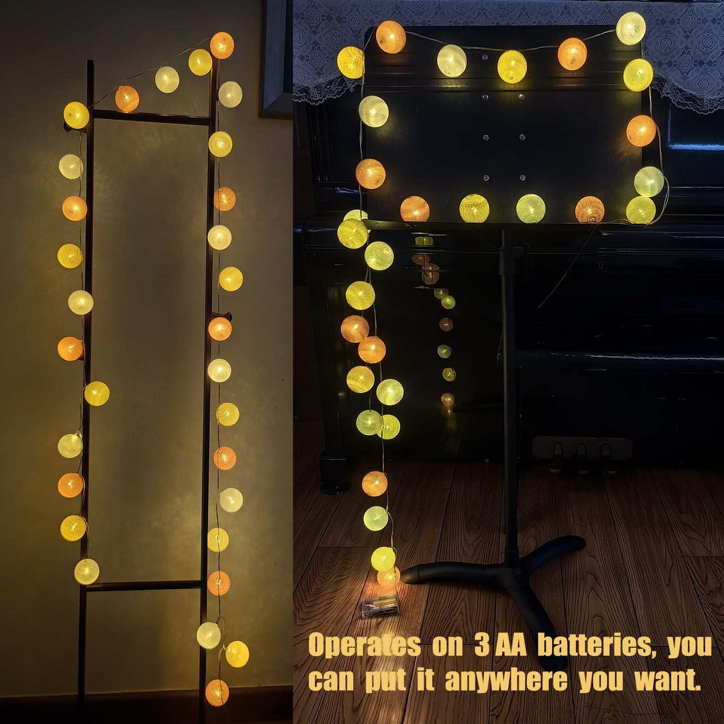 30-Count Battery Operated LED Fairy Lights - 10ft Yellow, Orange & White String Lights for Garden Decor