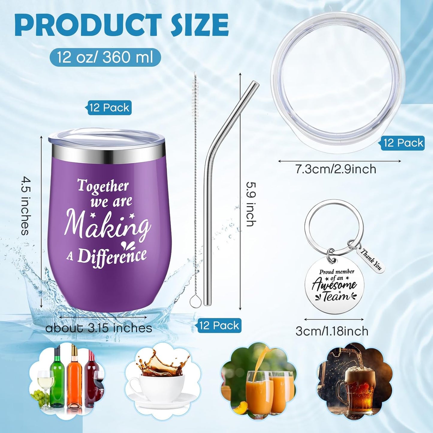 Dandat Employee Appreciation Gifts Team Thank You Gifts for Coworkers Stainless Steel Travel Tumbler with Straw and Keychain Inspirational Tumbler for Teacher Women Men(Multi Colors,12 Pack)