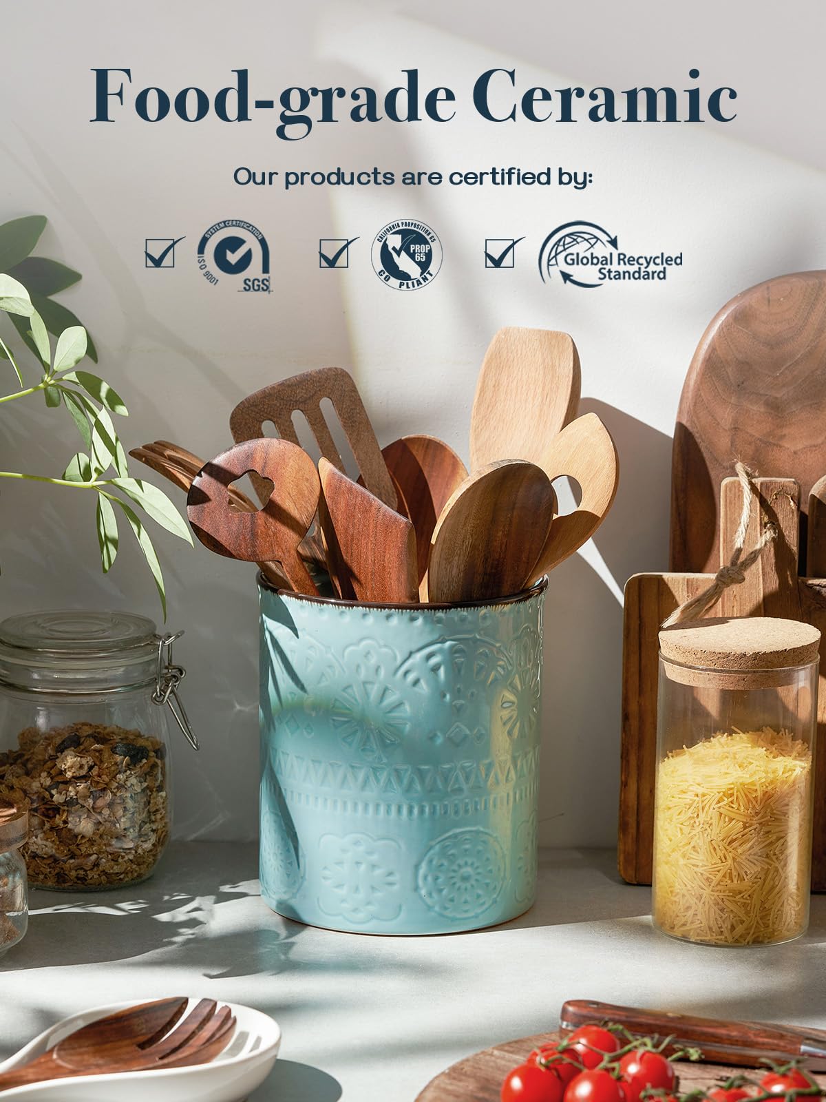 DOWAN Kitchen Utensil Holder, 7.2” Extra Large Farmhouse Utensil Holders for Countertop, Ceramic Utensil Crock, Anti Slip Cork Bottom, Teal Utensil Organizer for Home Décor, Housewarming Wedding Gift