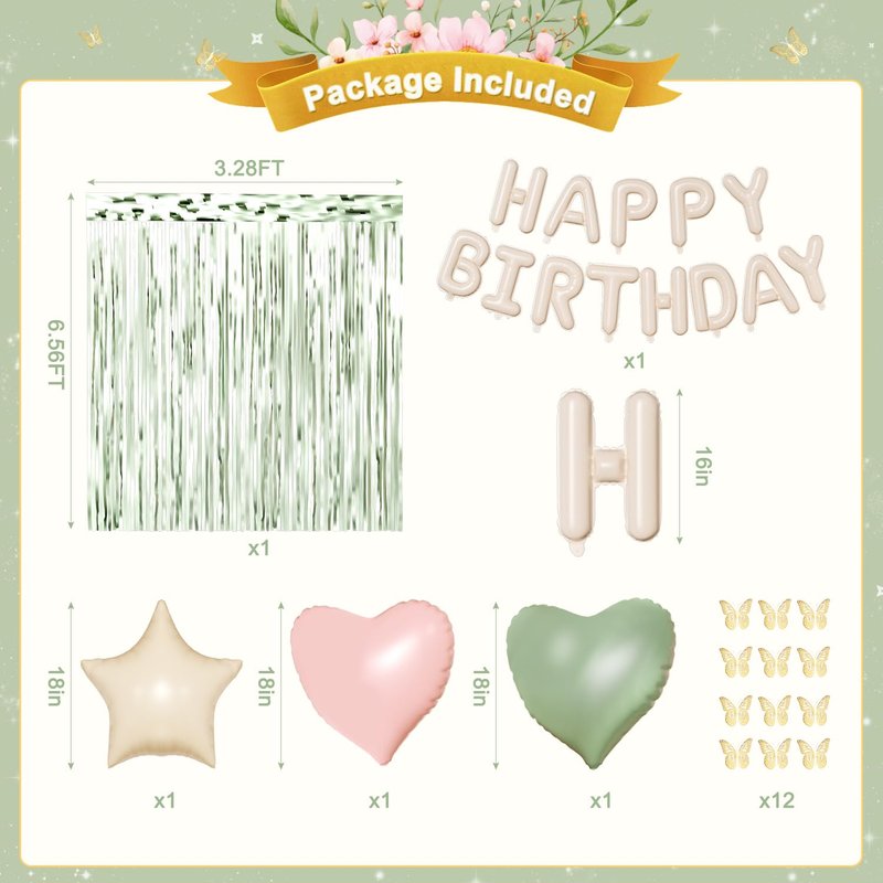 Pink and Sage Green Birthday Decorations, Pink Green Sand White Metallic Gold Foil Confetti Balloons Happy Birthday Banner Gold Butterfly Fringe Curtains Birthday Decorations for Women Girls Teens