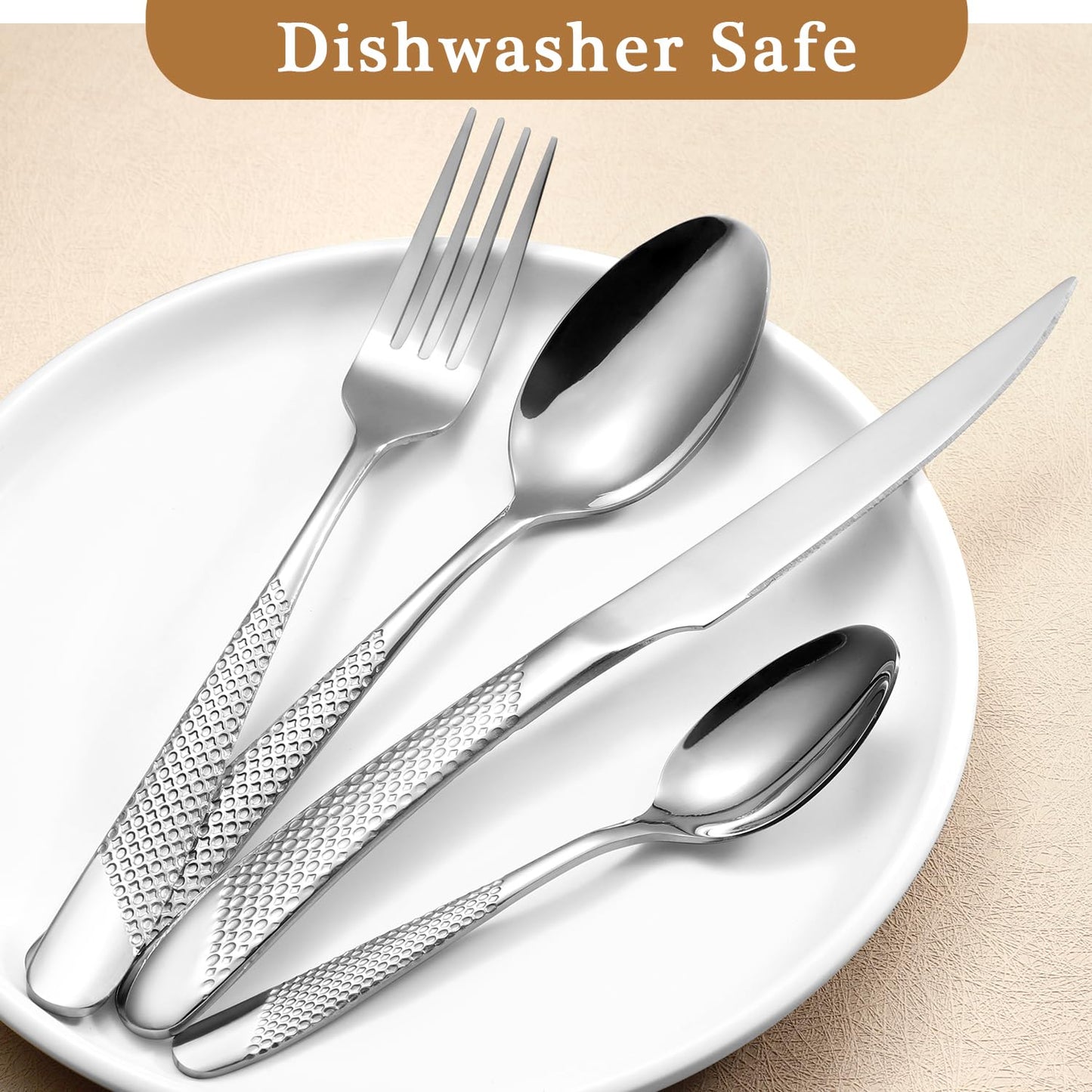 24 Piece Hammered Silverware Set for 6, Premium Food-grade Stainless Steel Flatware Set, Modern Design & Mirror Polished Cutlery Set, Eating Utensil Set Include Fork Knife Spoon Set, Dishwasher Safe