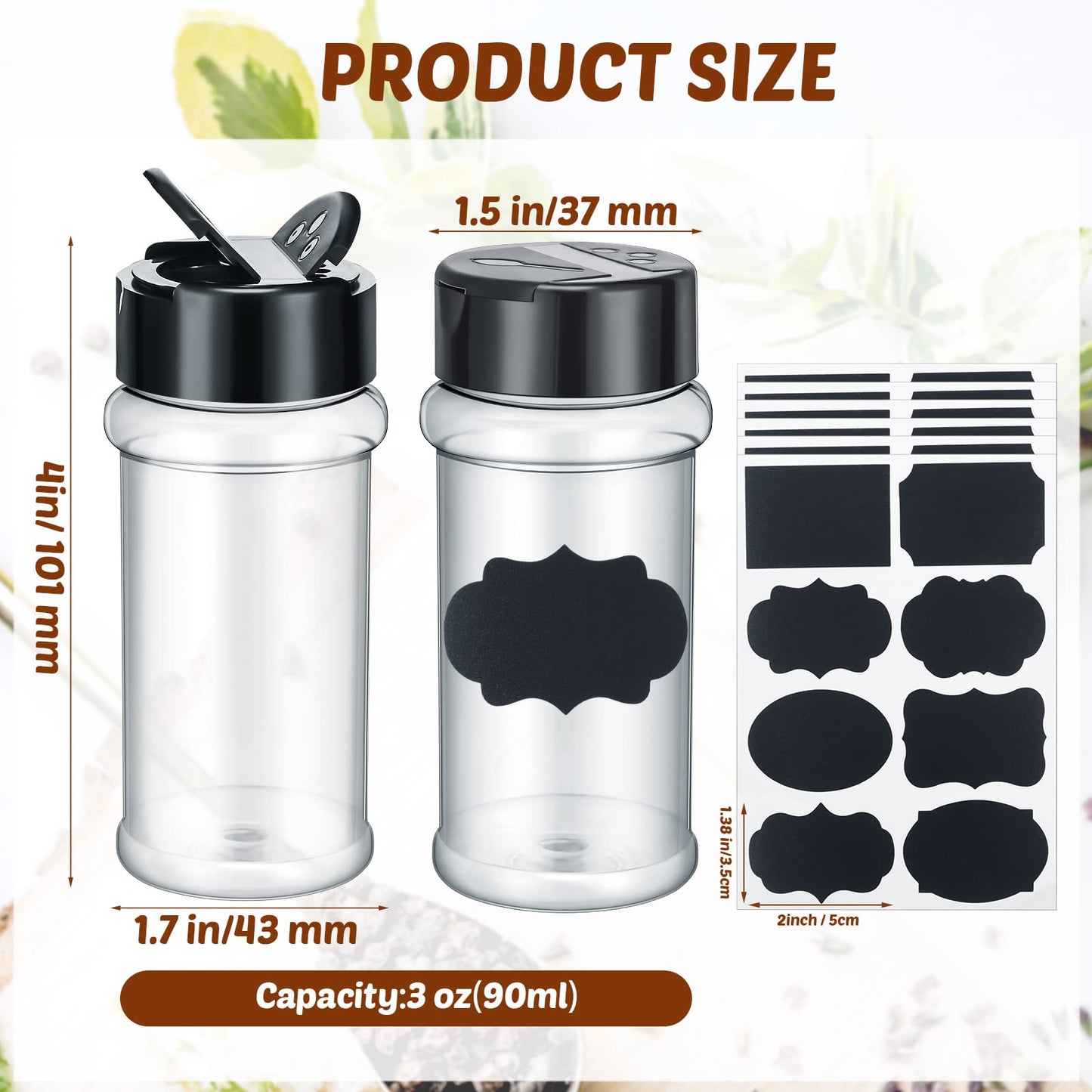 Eccliy 36 Pack 3 oz Clear Plastic Spice Jars with Label and Shaker Lids Empty Spice Bottles Seasoning Containers Seasoning Jars Shaker Condiment Pots for Spice Pepper Herbs Powders (Black)