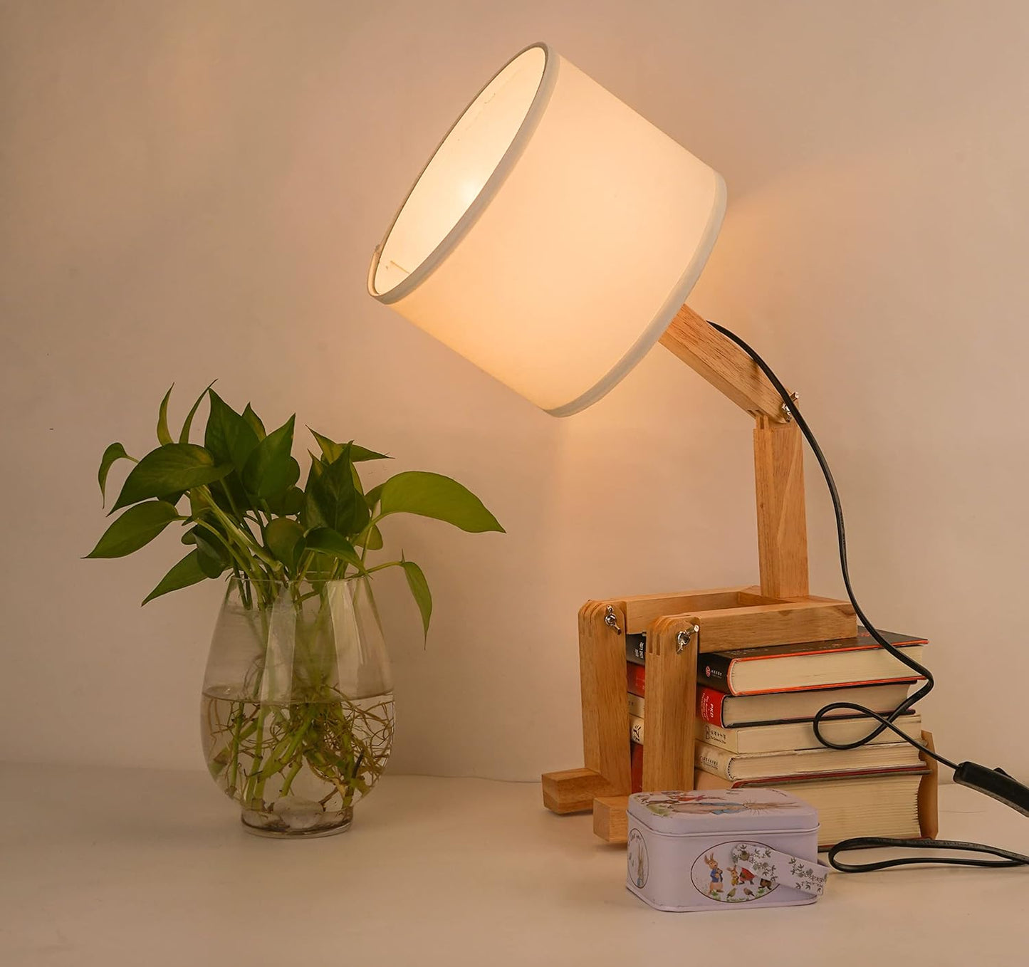 ELINKUME Robot Desk Lamp Set of 2, Creative Bedside Lamp for Bedroom,Wooden Lamp Body Adjustable,DIY E26 Living Room Table Lamps with Fabric Shade,Modern Indoor Decorative Lighting, TB-QBT005-WHM2