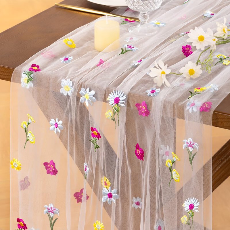 Socomi Embroidery Floral Table Runner Spring Wildflower Gauze Tulle Cheesecloth Seasonal Table Runners for Wedding Party Baby Shower Birthday Holiday Picnic Home Decor