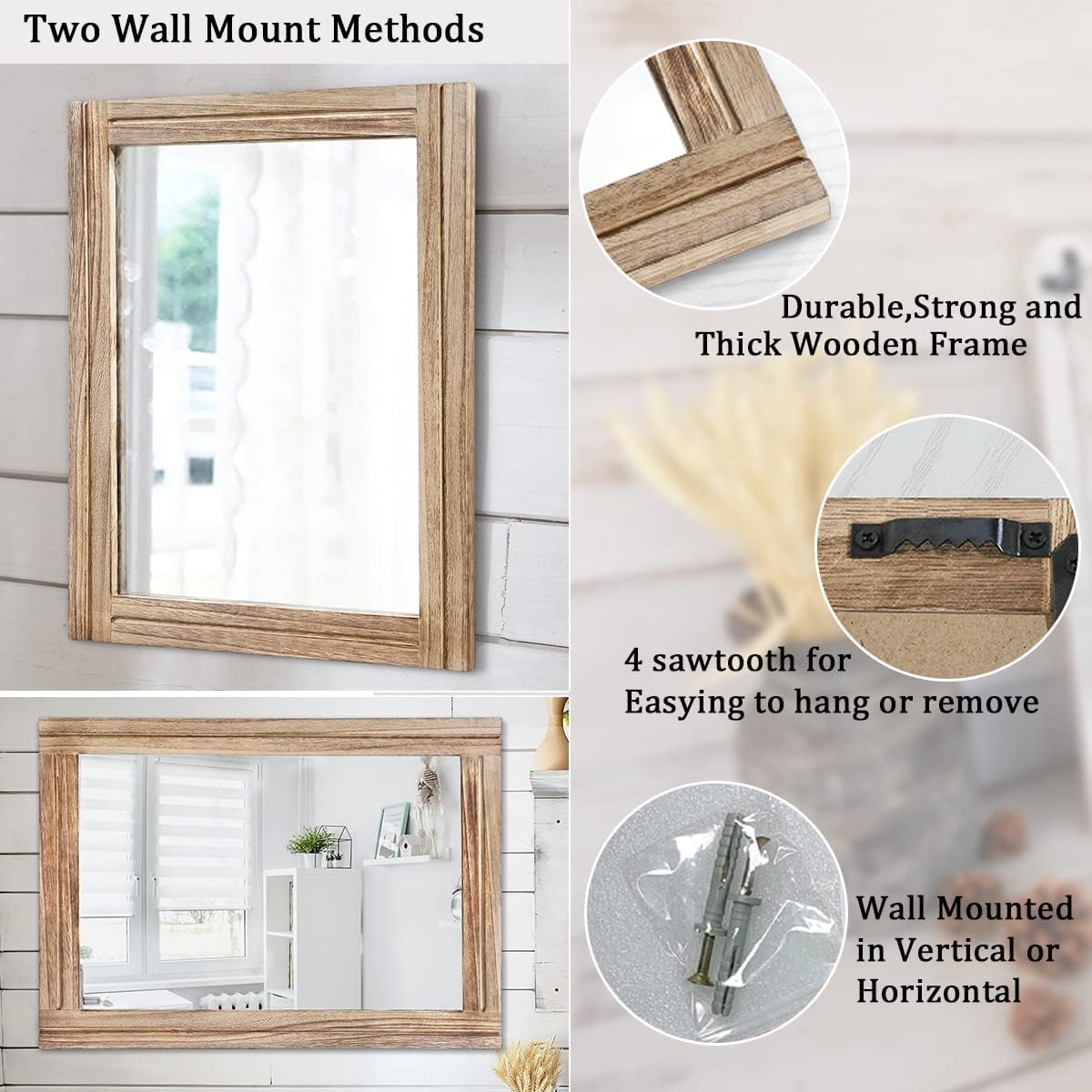 AAZZKANG Rustic Mirror for Wall with Rectangle Wood Framed Decorative Hanging Mirrorrs Large 28"x20"for Bedroom Bathroom Living Room Dressing Room
