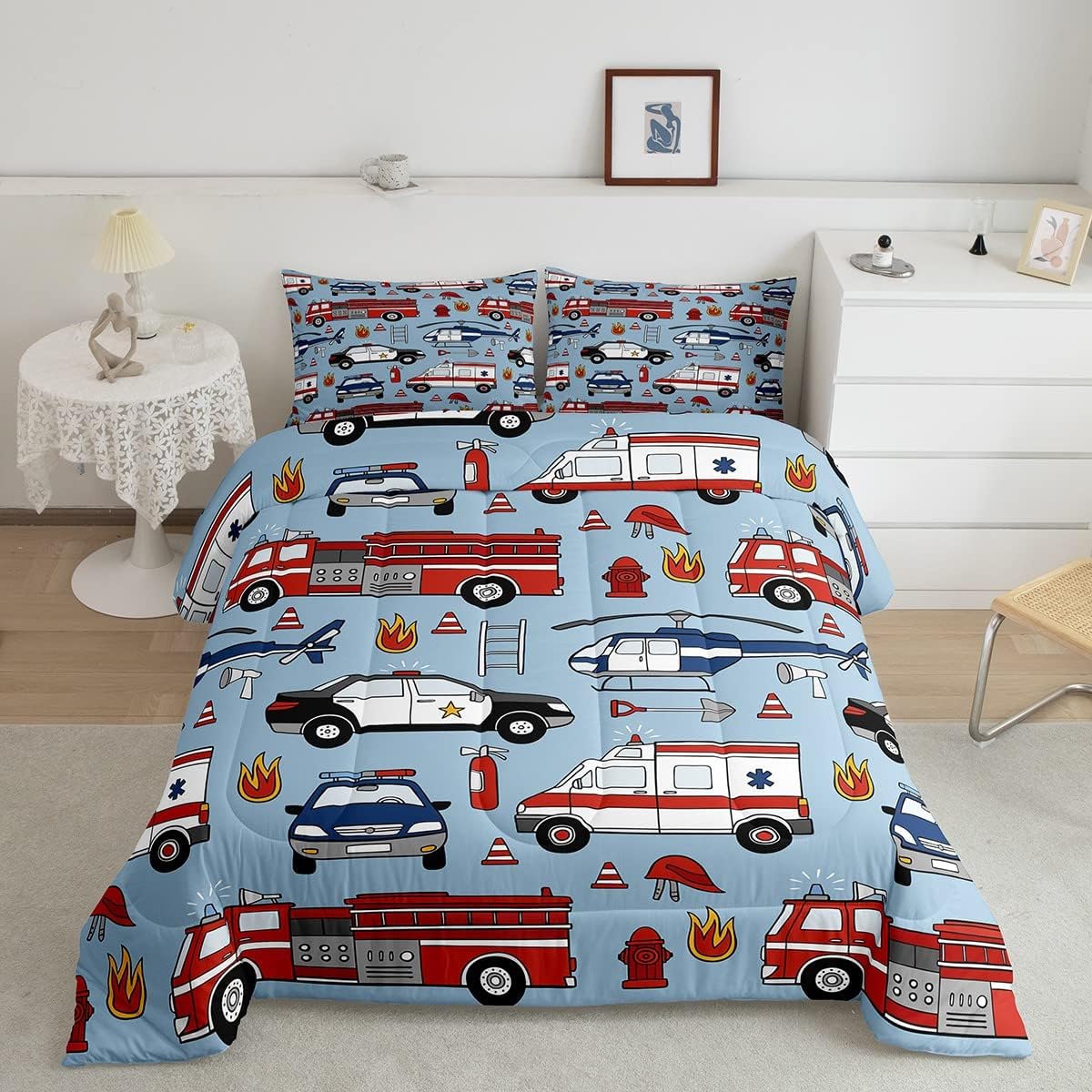 Cartoon Police Car Bedding Set Red Fire Truck Comforter Set for Kids Boys Fire Extinguisher Duvet Set Airplane Comforter 1 Comforter Set with 2 Pillowcases Full Size Boys