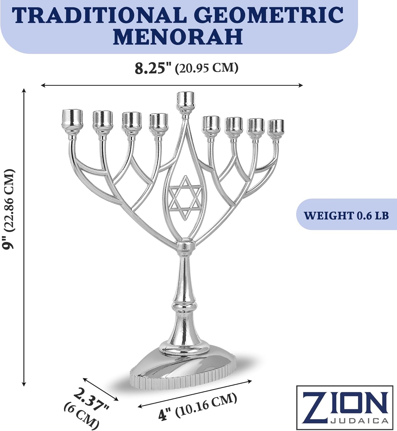 Silver Plated Geometric Hanukkah Menorah - 9" Classic Chanukah Candle Holder by Zion Judaica
