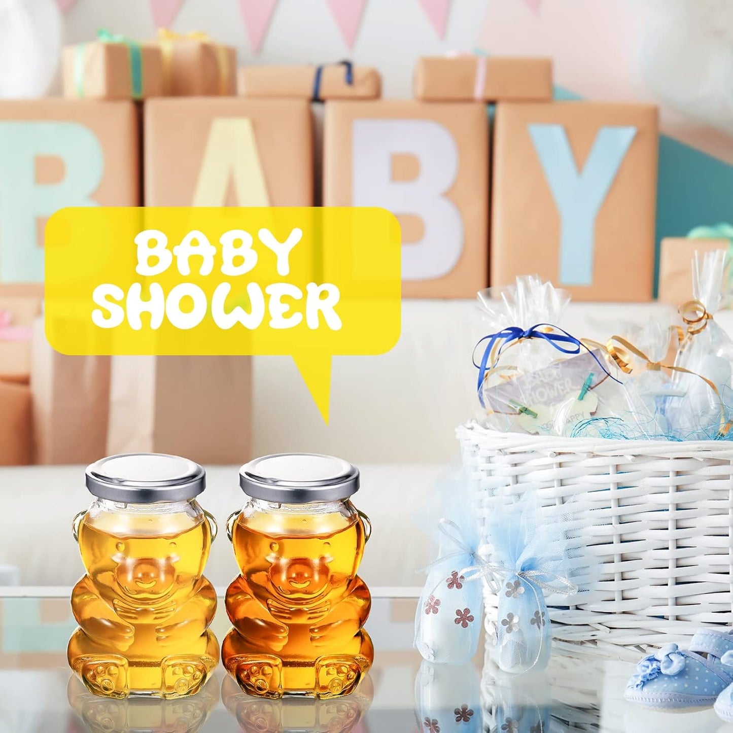 Patelai 24 Pack 6 oz Glass Honey Bear Jars with Silver Lids Reusable Small Honey Bear Shaped Glass Bottles Containers Dispenser for Candies, Birthday Wedding Party Favors