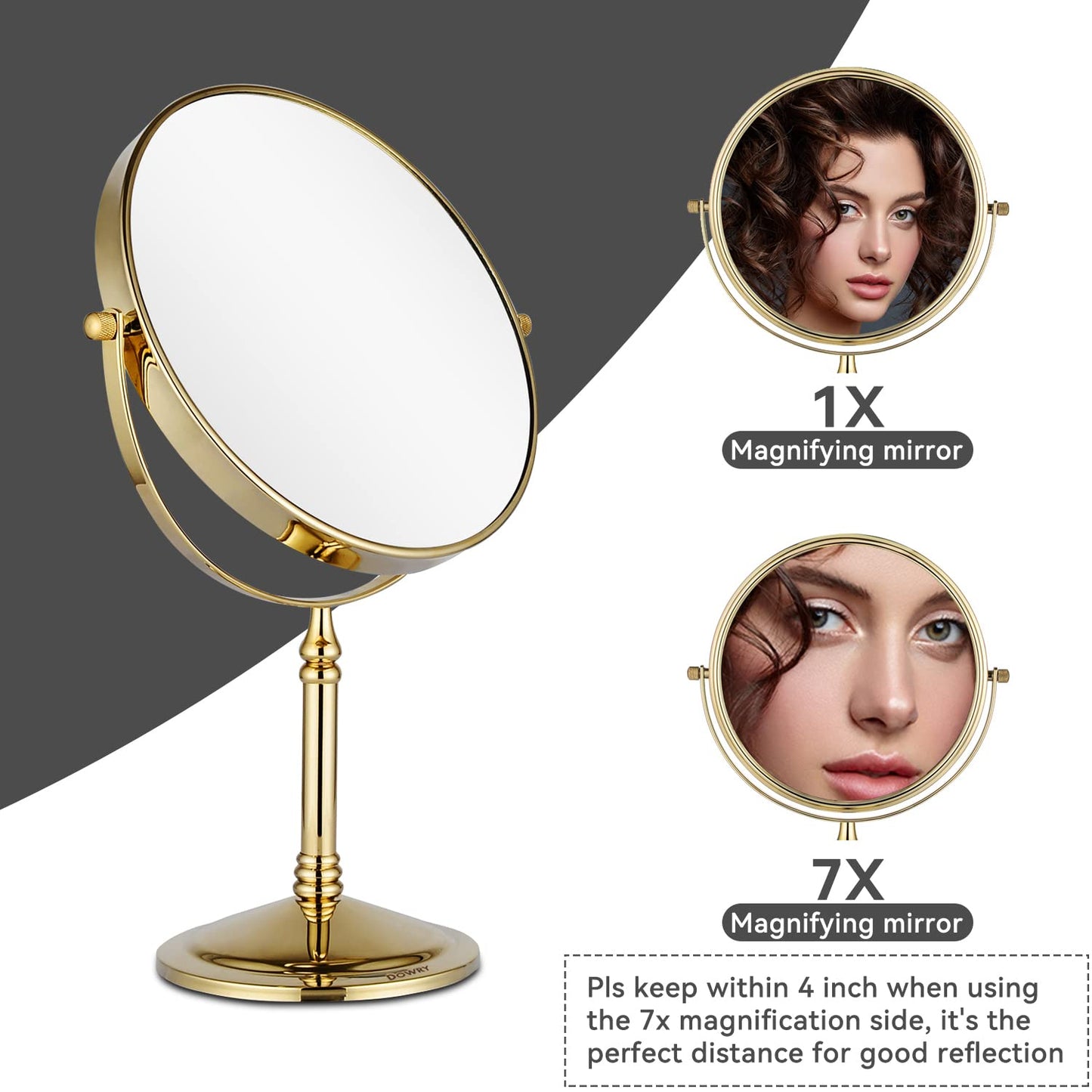 DOWRY 8-Inch Tabletop Two-Sided Swivel Vanity Mirror with 7X Magnification Gold Finish 2202J(7X)