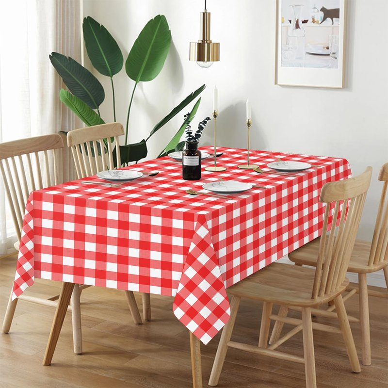 QIKSION Red Gingham Tablecloth Disposable 6 Pack, 54 x 108 Inch Red and White Checkered Table Cloth for Picnic, Outdoor BBQ Decorations, Birthday Party Supplies, Rectangle, Plastic Table Cover