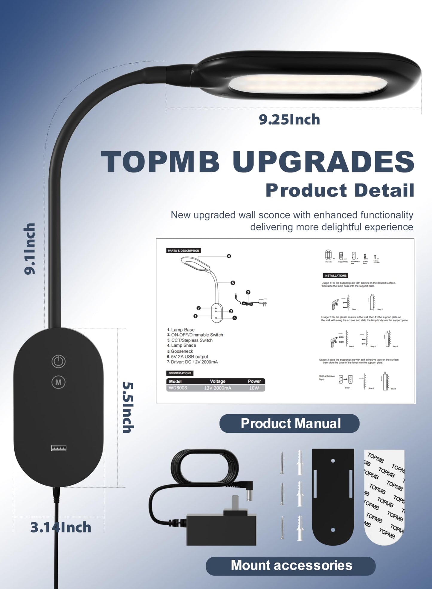 TOPMB Wall Mounted Reading Bed Light, Wall Bed Lamp with CRI 95+ for Eye Care, 4 Color 5 Dimmable, 2A USB Output, 4-Hour Auto Off, Book Lights Flexible Gooseneck Reading Lamp Headboard Black