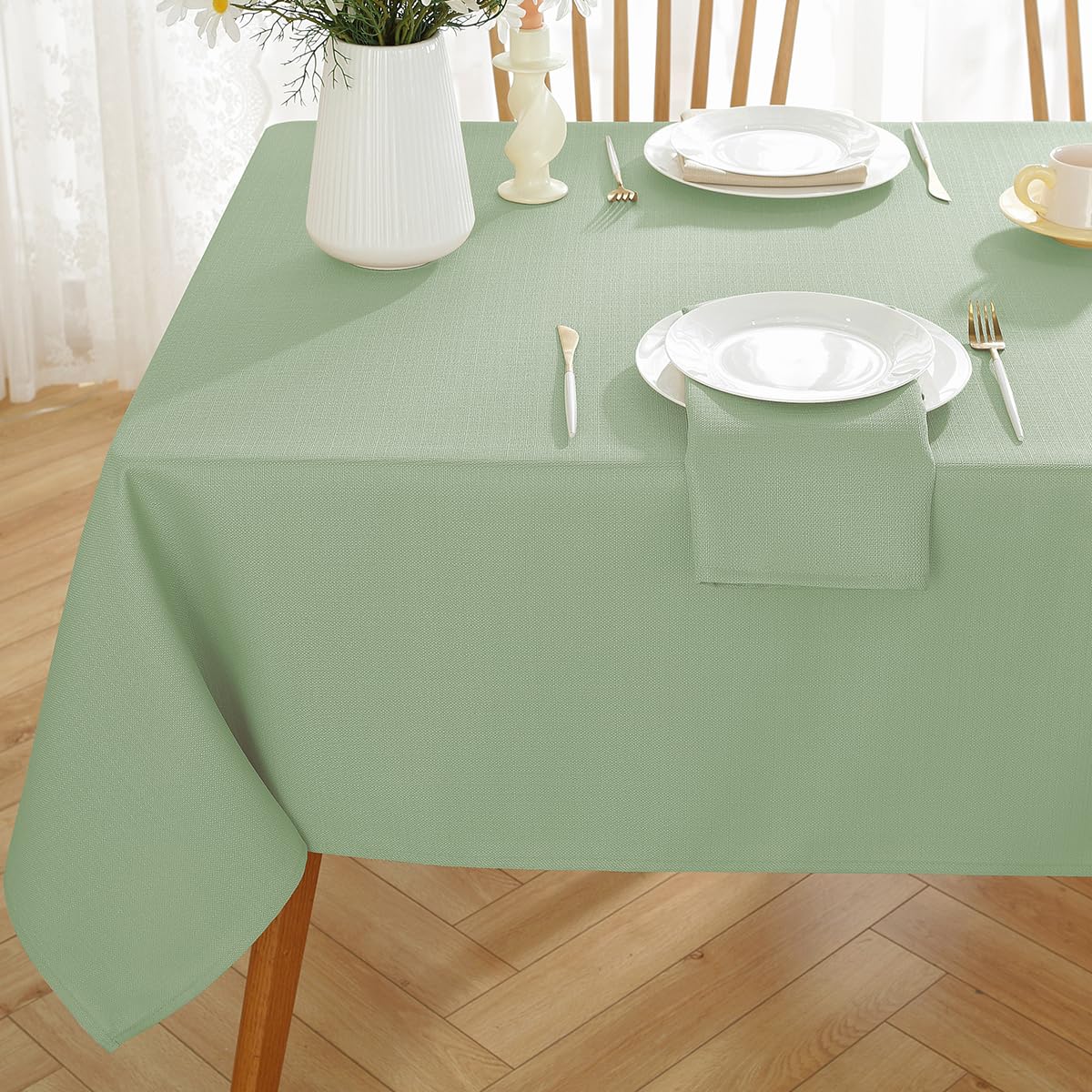 SASTYBALE Textured Rectangle Tablecloth Waterproof Wrinkle Free Fabric Table Cloth, Faux Linen Polyester Table Cover for Dining/Party/Picnic/Indoor/Outdoor (52 x 70 Inch Rectangular, Sage Green)