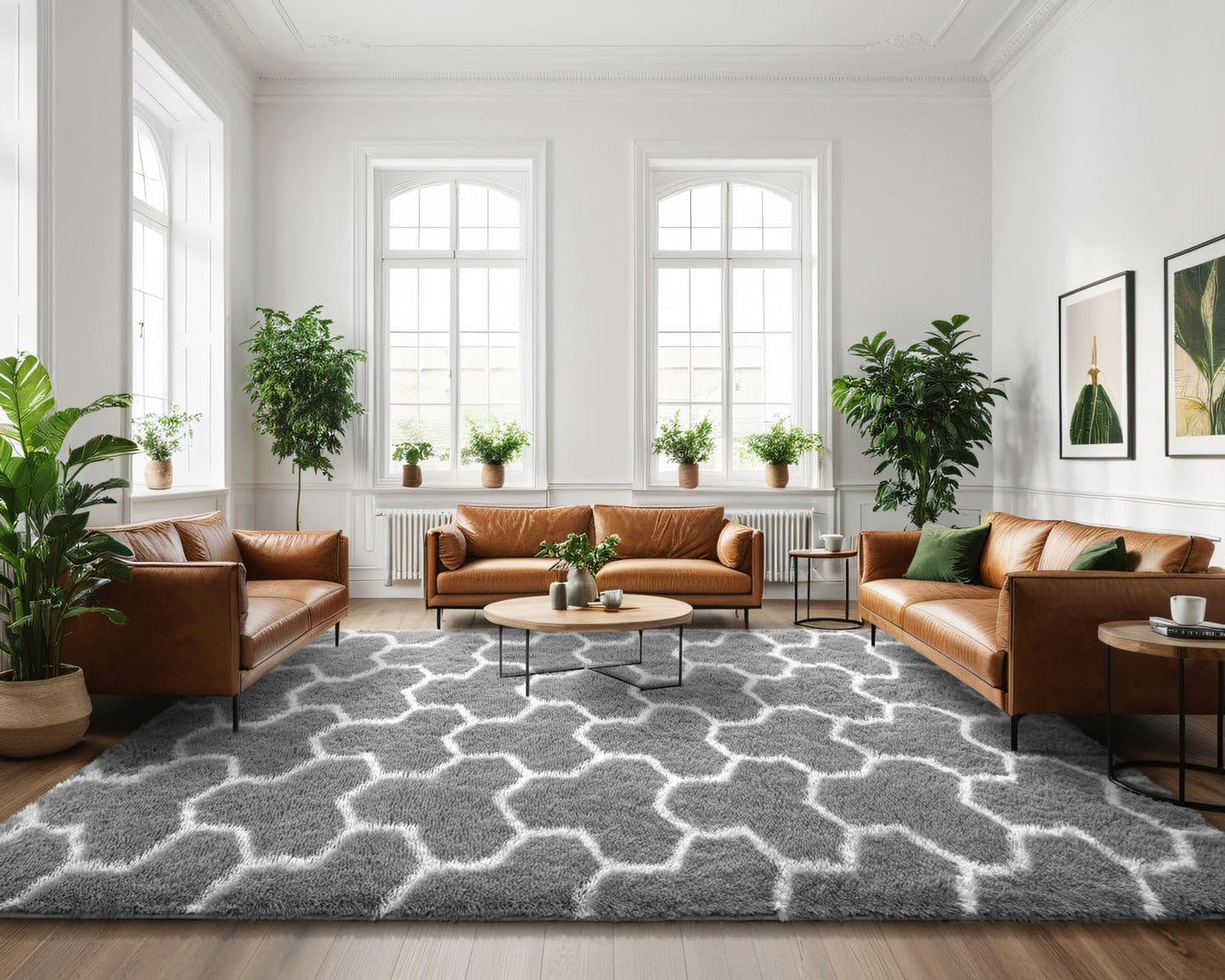EVOIONOS 5x7 Washable Large Area Rug for Living Room, Grey and White Geometric Pattern Fluffy Shag Rug for Bedroom, Ultra Soft Plush Non Slip Carpet for Indoor Floor Nursery Kid Home Decor Aesthetic