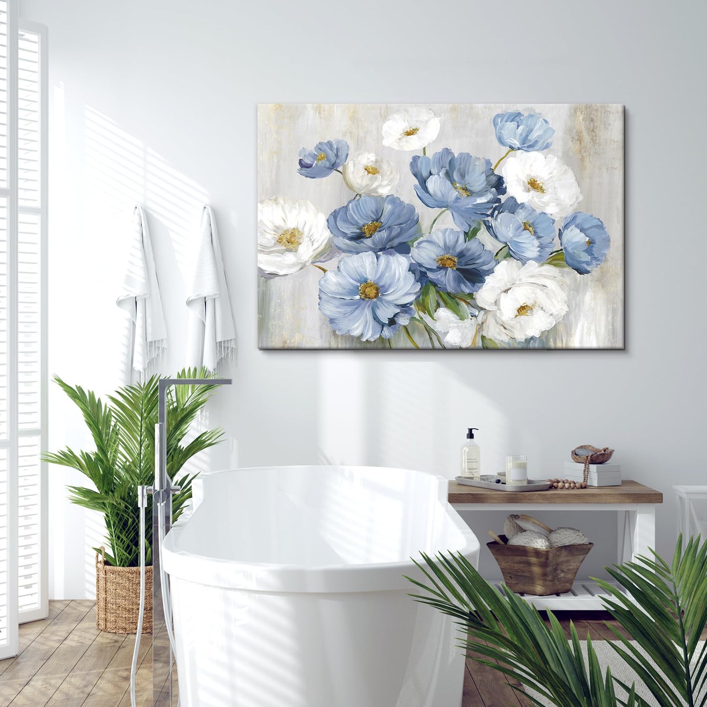 Goldfoilart Blue Flower Wall Art Light Blue and White Floral Canvas Print, 36"x24" Large Modern Flower Picture for Living Room Bedroom Bathroom Home Decor