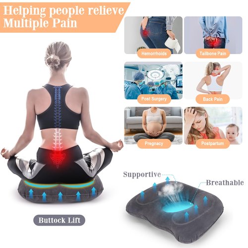 AirSwim Inflatable Hemorrhoid Pillows, Donut Pillow for Tailbone Pain, Adjustable Inflatable Seat Cushion for Bed Sores, Postpartum Pregnancy, Car Seat, Airplane, 17.7'' x 15.4'' x 4.3''(Grey)
