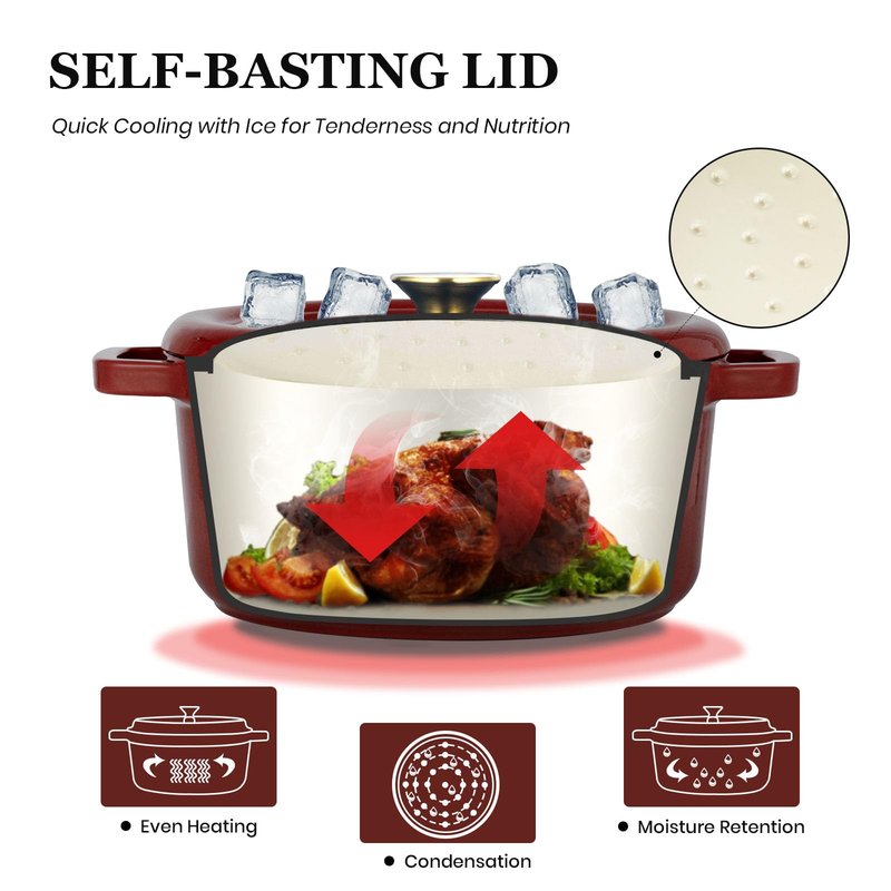 Overmont Enameled Cast Iron Dutch Oven - 5QT Pot with Lid Cookbook & Cotton Potholders - Heavy-Duty Cookware for Braising, Stews, Roasting, Sourdough Baking burgundy
