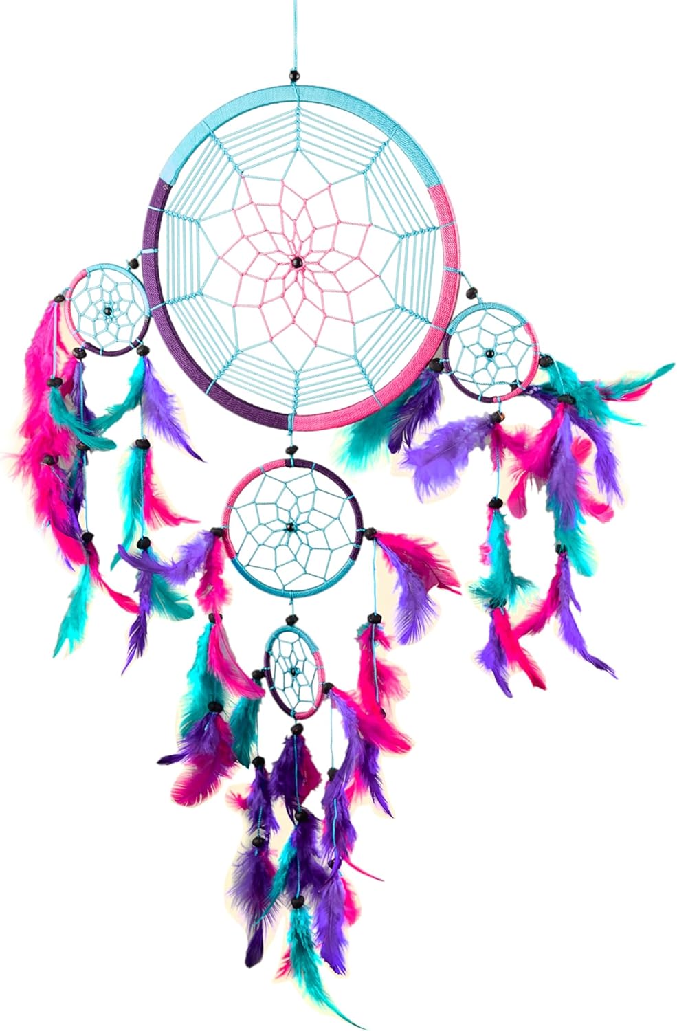 Handmade Rainbow Chakra Dream Catcher - 7" Diameter with Tie Dye Feathers & Beads