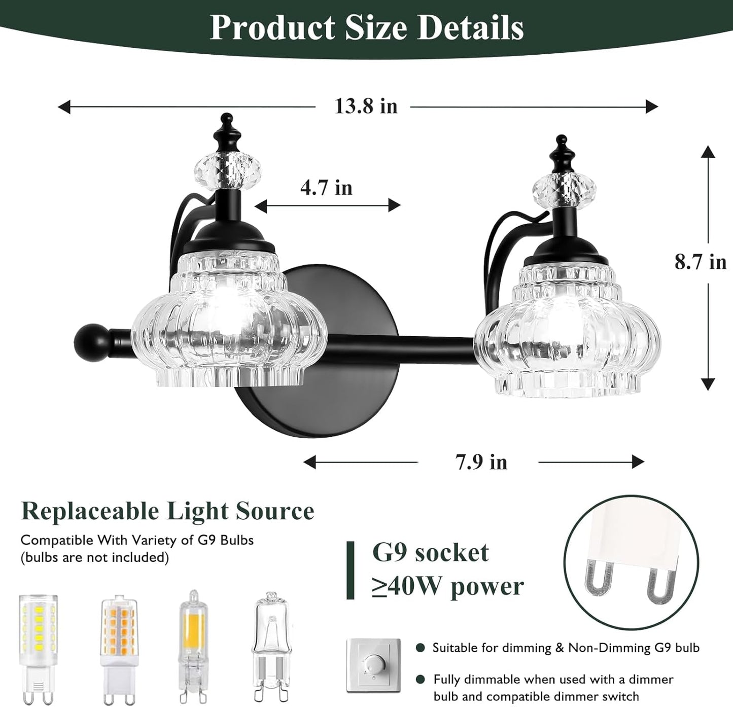 Bathroom Vanity Light Fixtures Over Mirror, Matte Black Vintage Glass Crystal Bathroom Vanity Lighting Fixtures, 2 Lights Wall Sconce for Bathroom Bedroom Kitchen Living Room Dressing Room