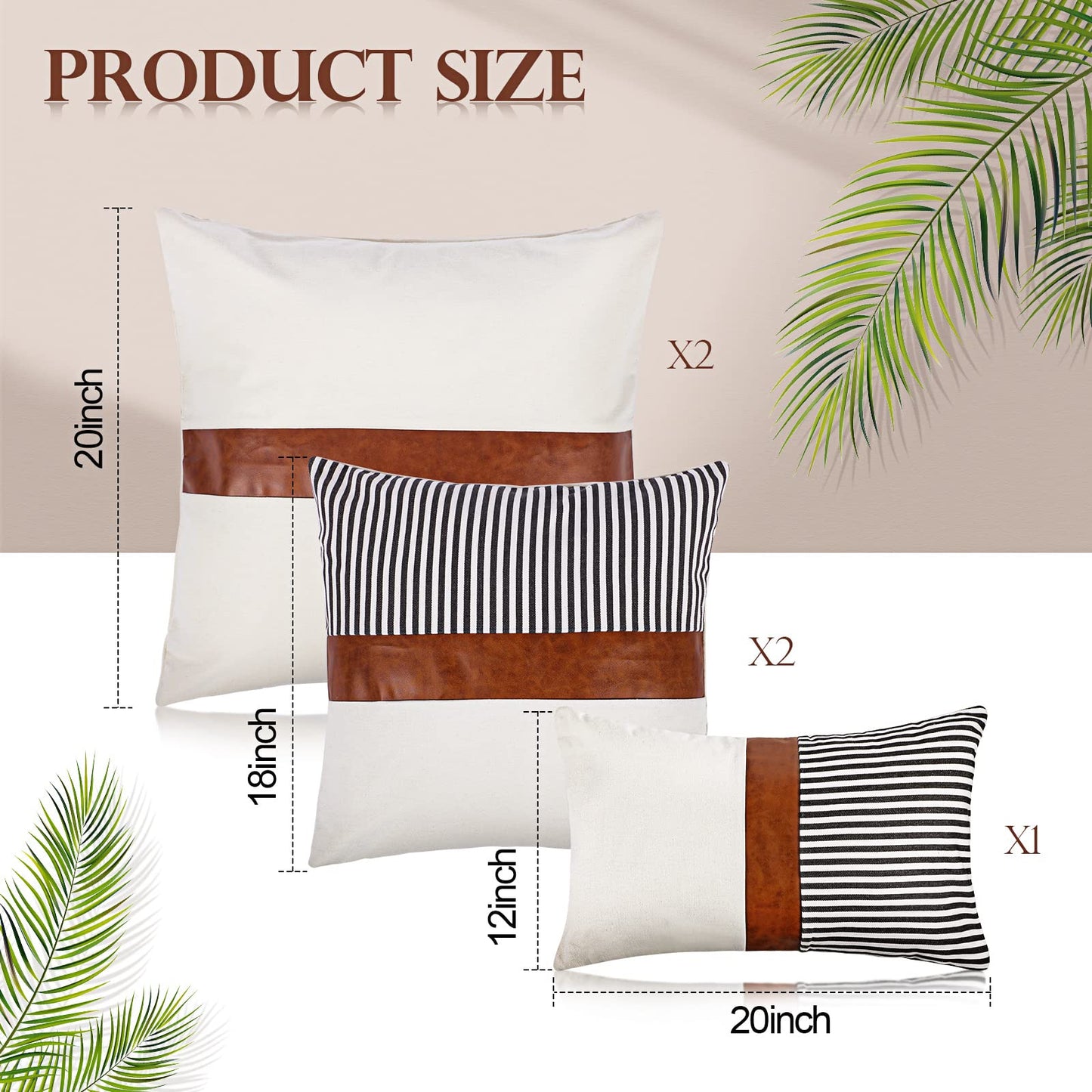 Tradder Farmhouse Decorative Pillow Covers Set of 5 20x20 18x18 12x20 Inch Modern Boho Faux Leather and Linen Stripe Pillowcase for Home Couch Living Room Decor(Cool Style, Cool Style)