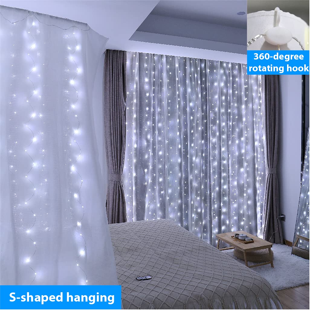 ZSJWL 300 LED White Curtain Lights, 9.8x9.8Ft DIY Windows Fairy String Lights with Remote 8 Modes Timer for Bedroom, USB Plug in Fairy Curtain Lights for Indoor Outdoor Weddings Party Garden Wall