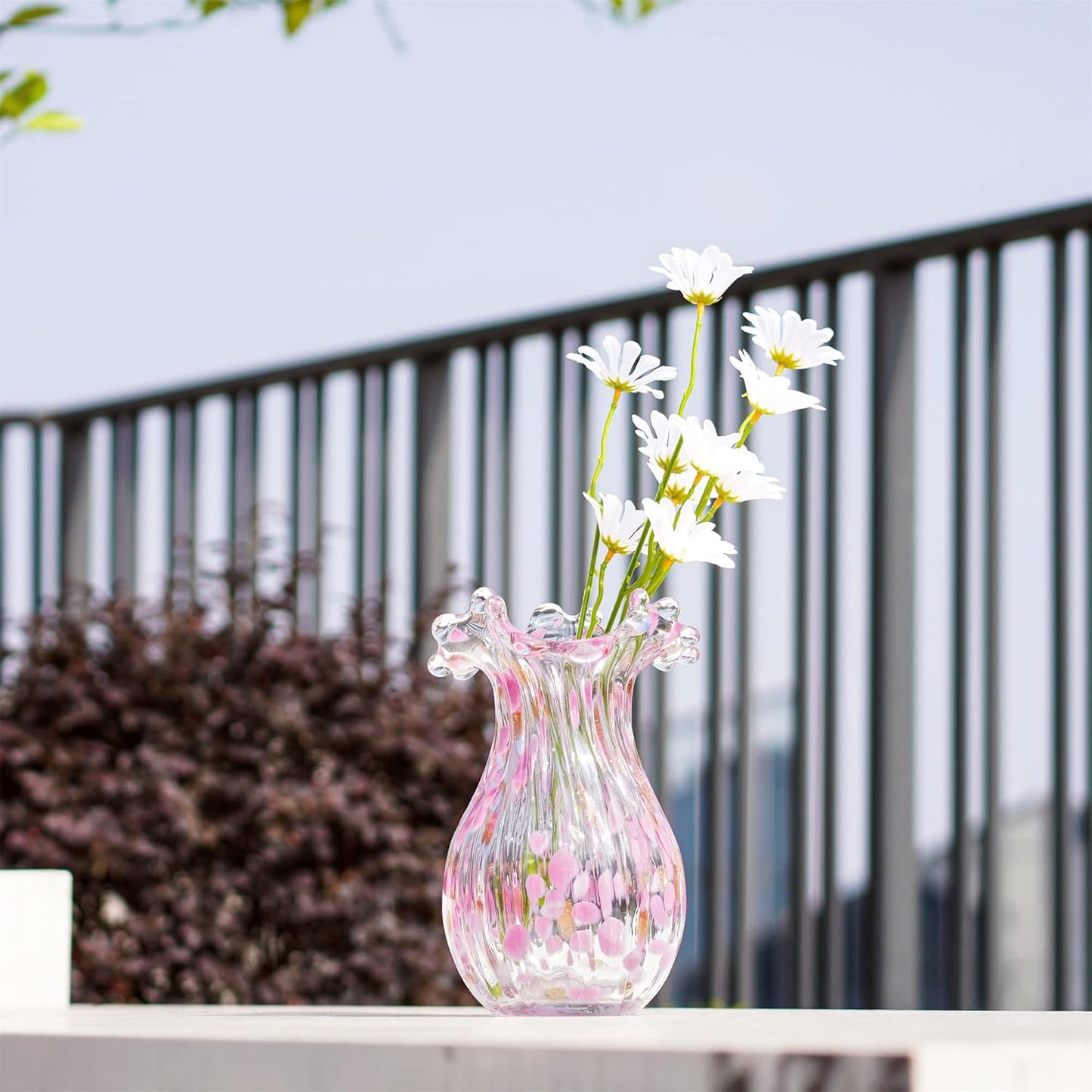 QFkris Handblown Glass Vase - Modern Pink Petal Design | 8.5 Inch Tall Home Decor Centerpiece
