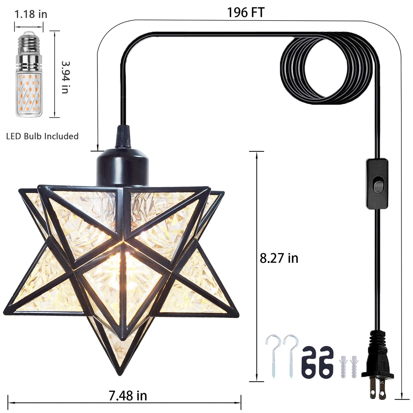 JLOWCO Plug-in Moravian Star Pendant Light with 16.5ft Cord and Switch, Modern Farmhouse Black Hanging Light for Kitchen Island Bedroom Hallway Porch Etc(LED Bulb Include)