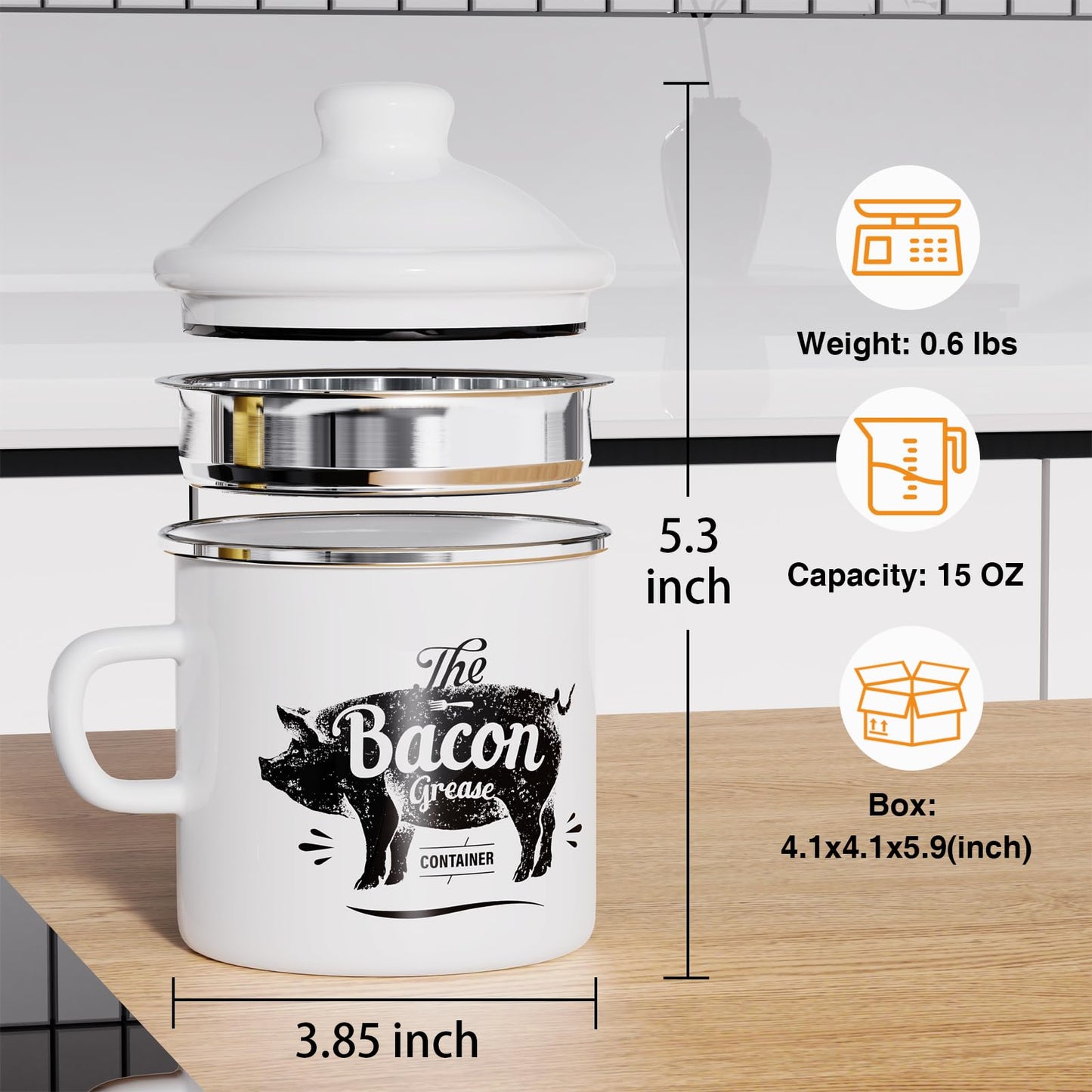 PGYARD Mini Bacon Grease Container With Strainer - 15OZ Enamel Grease Saver, Farmhouse Bacon Grease Keeper For Kitchen Fat Storage, Dishwasher Safe-White