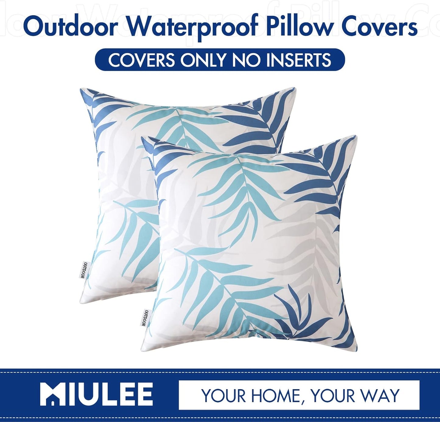 MIULEE Decorative Outdoor Throw Pillow Covers - Waterproof Natural Leaves Pattern | 18x18 Inch, Blue (Pack of 2)
