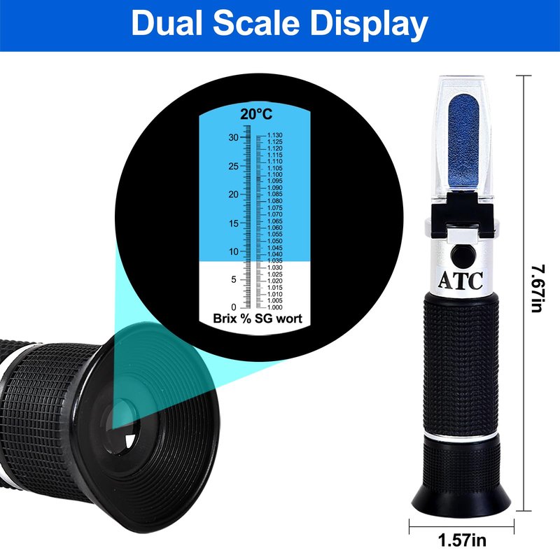 Portable Brix Refractometer with ATC, Accurate Dual Scale Brix Meter Specific Gravity SG Wort 1.000-1.130 & Brix 0-32%, High Precision Sugar Level Tester in Wine Making, Beer Brewing, Home Brew Kit