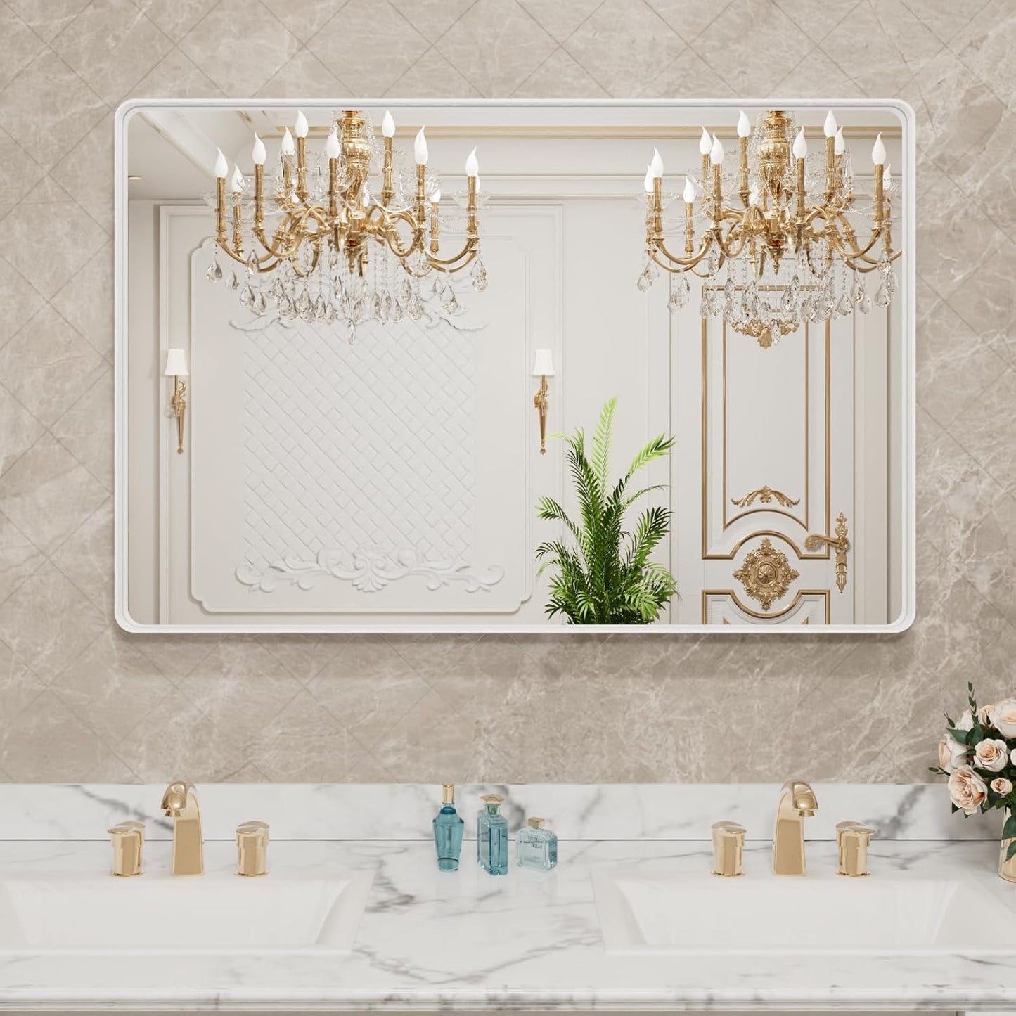 LOAAO Bathroom Mirror - 48x30 Inch White Metal Framed Rounded Rectangle | Anti-Rust Tempered Glass