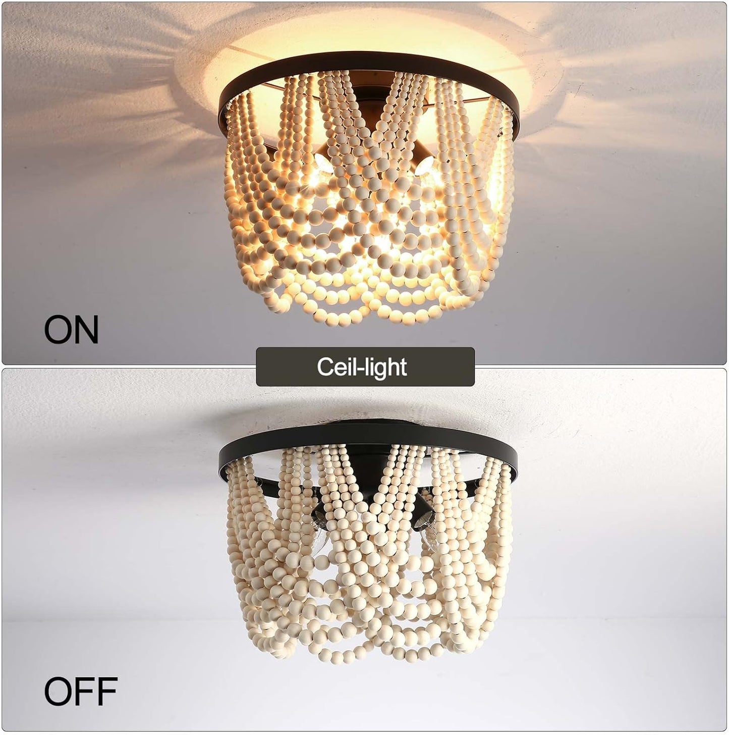 Farmhouse Boho Flush Mount Ceiling Light,3-Light Wood Bead Chandeliers,Black Metal Bohemia Hanging Pendant Lighting,Small Chandelier for Bedroom,Living Room,Entryway,Hallway