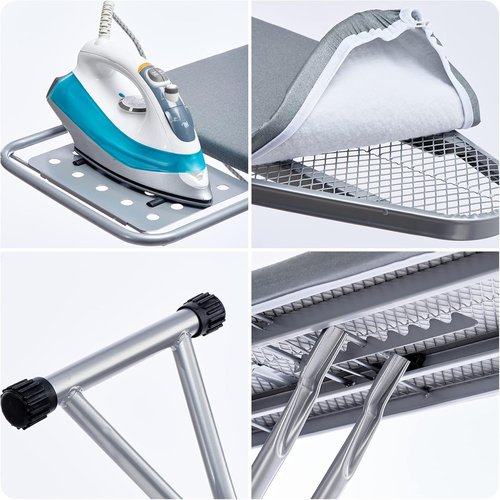 BKTD Ironing Board - Heat Resistant Cover with Steam Rest | Non-Slip Foldable Design, Silver Gray (13" x 34" x 53")