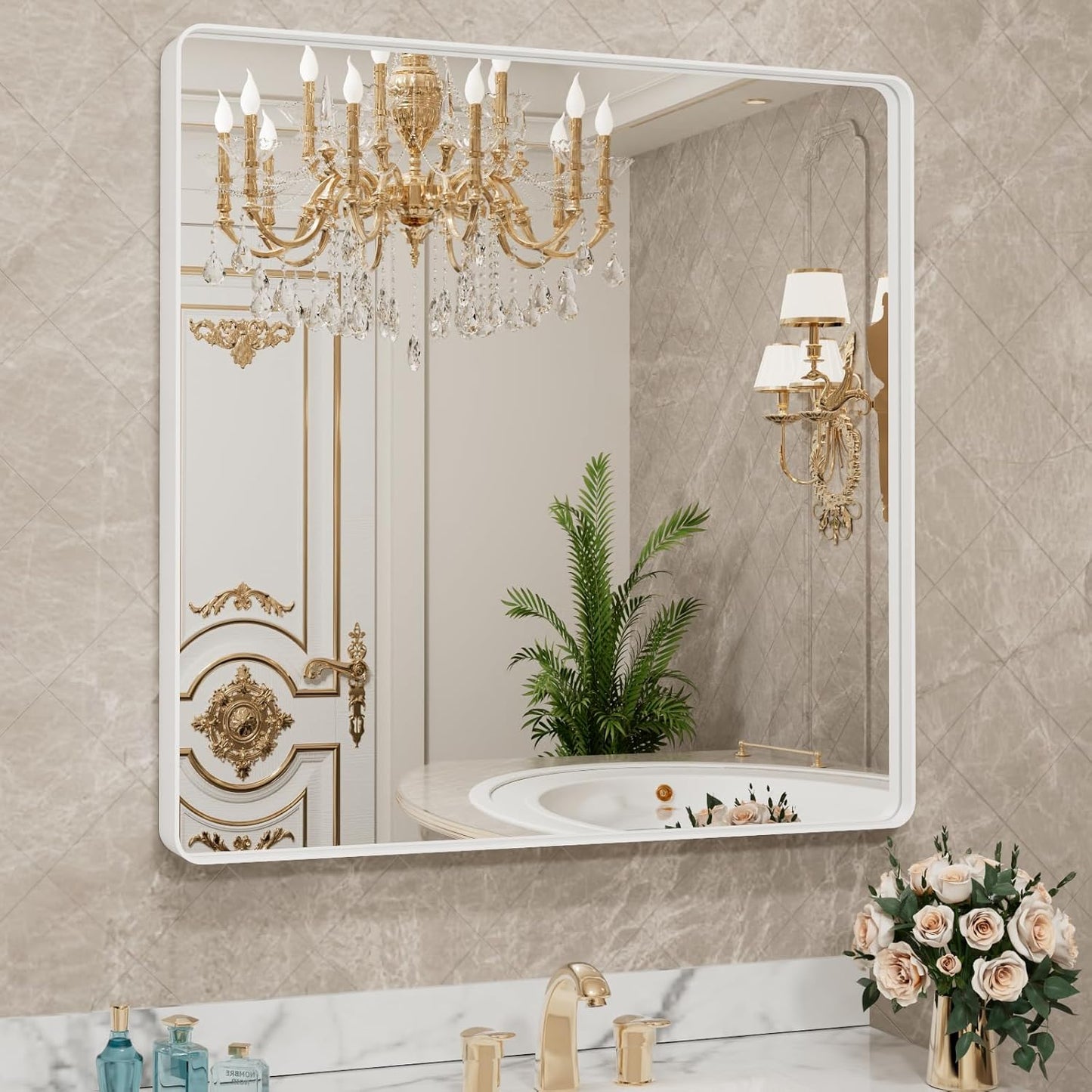 LOAAO Bathroom Mirror - 38x38 Inch White Metal Framed Vanity Mirror | Large Rounded Rectangle, Anti-Rust, Tempered Glass