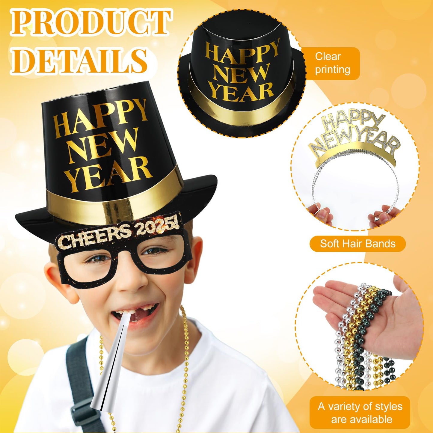 ShinyMatch 39 Pcs New Years Eve Party Supplies 2025 New Year Decorations 12 Noise Makers 3 Black Silver Gold Party Hats 6 Tiaras 6 Necklaces 6 New Year Glasses 6 Horns for New Year Favors(Eve Hat)