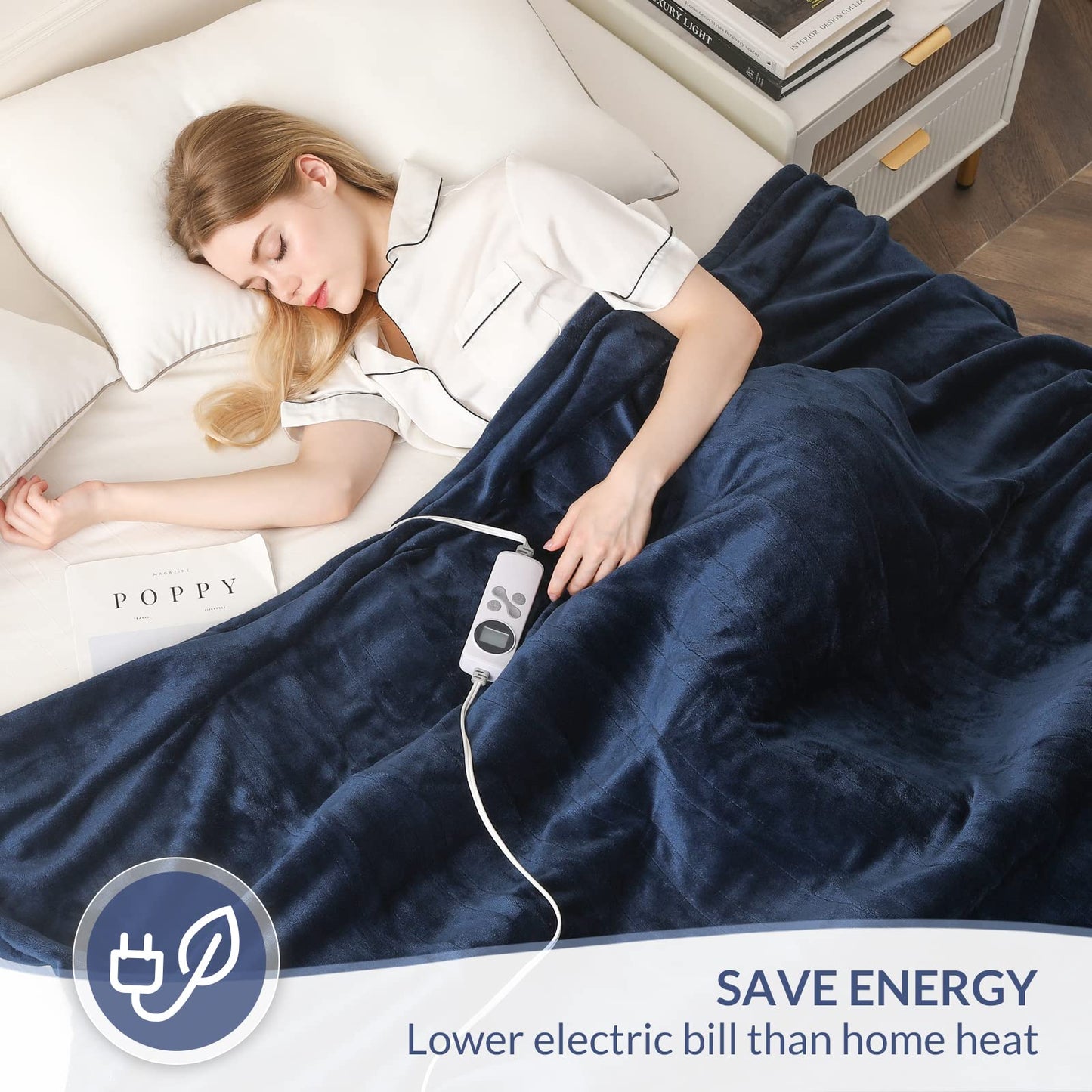 HOMLYNS Heated Blanket Twin Size, Electric Blanket with 1-12 hrs Timer Auto-Off & 10 Heating Levels, Double-Layer Flannel Heating Blanket with ETL Certification, Machine Washable (62”x 84”, Navy)