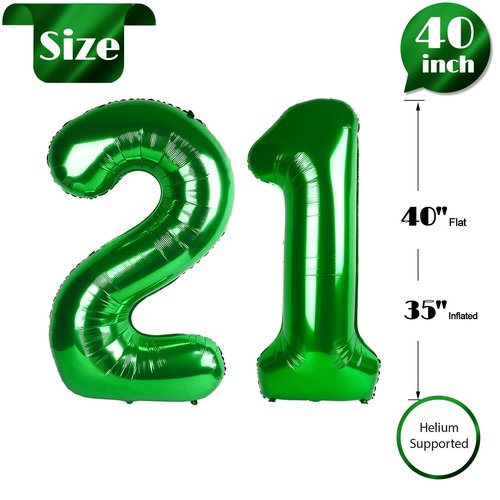 Green Number 21 Balloon 40 inch, 21 Number Balloons, 21st Green Birthday Decorations, 21 Year Old Women Men Party Supplies, St. Patrick's Day Games Theme Birthday Decorations