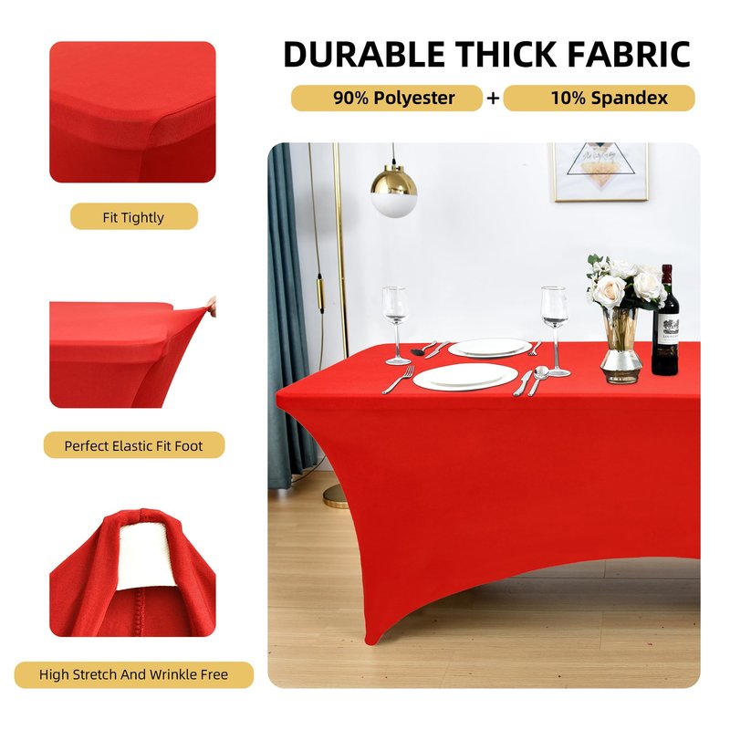 ZarzaaSik 2-Pack 8ft Red Spandex Table Covers for Rectangle Folding Tables - Washable Elastic Tablecloth - Ultimate Fitted Table Protector for Birthday Parties, Trade Shows, Banquet