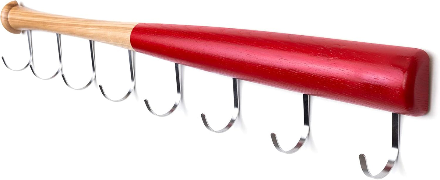 KT Bats Coat Rack Wall Mount Baseball Bat Cap Hat Towel Jersey Display Fully Assembled Unique Idea for Sports Fans Perfect Mudroom Bedroom Entryway Bathroom Organization System with 8 Hooks (Red)