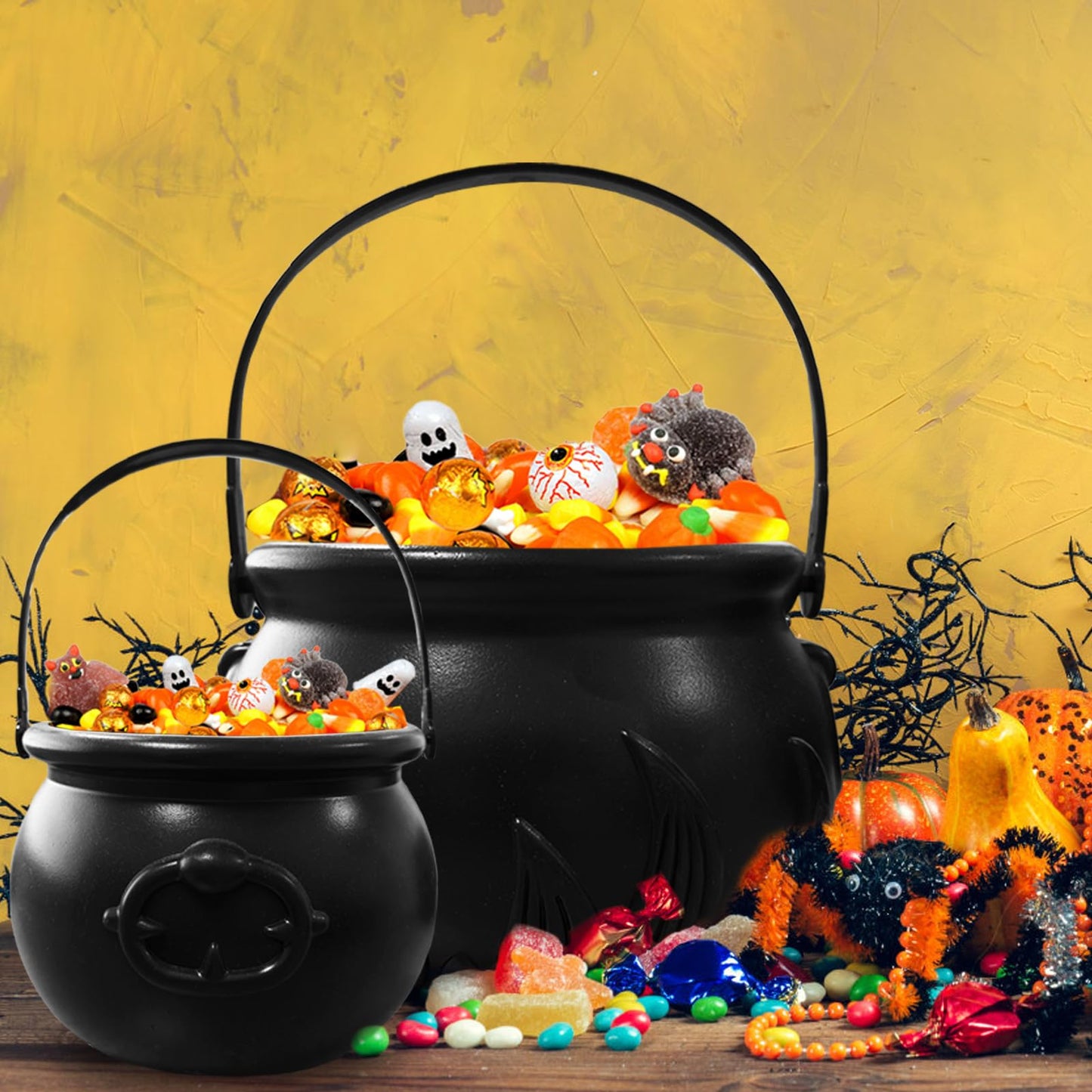 Eerrhhaq 3 in 1 (12.6",9.8",7.6") Halloween Large Black Witch Cauldron Kettle,Plastic Candy Bucket Holder Cauldron Pot Bowl,Party Favor Decoration for St. Patrick's Day and Halloween
