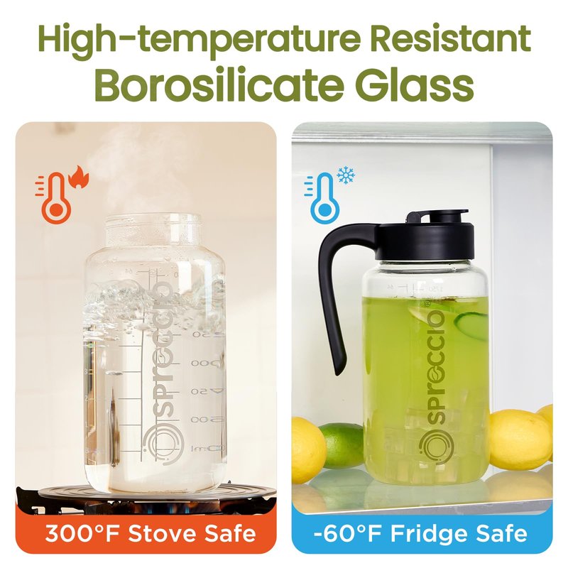 Spreccio Borosilicate Glass Pitcher with Lid, 64 oz Mason Jar Pitcher Pour Spout Lid Airtight Leak-proof, Sun Tea Glass Jar for Outside, Breastmilk, Cold Brew, Coffee and Iced Tea