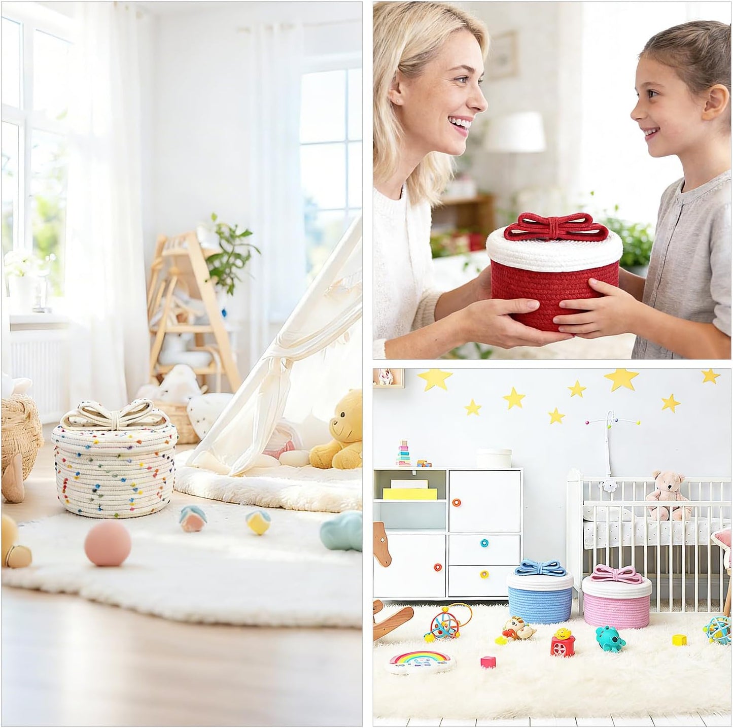 Skiennix Round Woven Rope Storage Basket - Cute Lid & Bow Handle - Ideal for Toys & Home Decor - Red