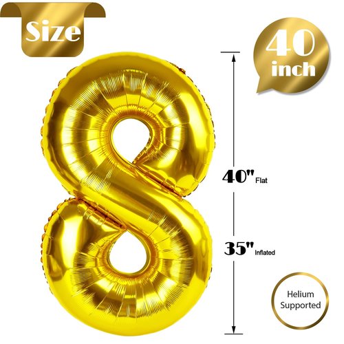 Gold 8 Balloon, Number Balloon 40 Inch, Gold Birthday Decorations, 8 18 28 38 80 Birthday Balloons, 8th Gold Party Supplies, Number 8 Balloon
