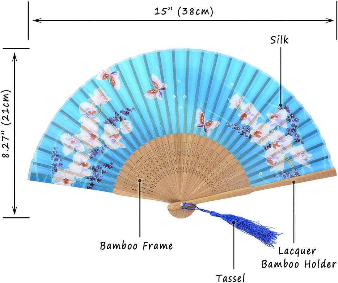 Handmade Silk Folding Fan with Bamboo Frame - Vintage Chinese/Japanese Style for Women & Girls - Gift-Ready with Protective Sleeve (WZS-33)