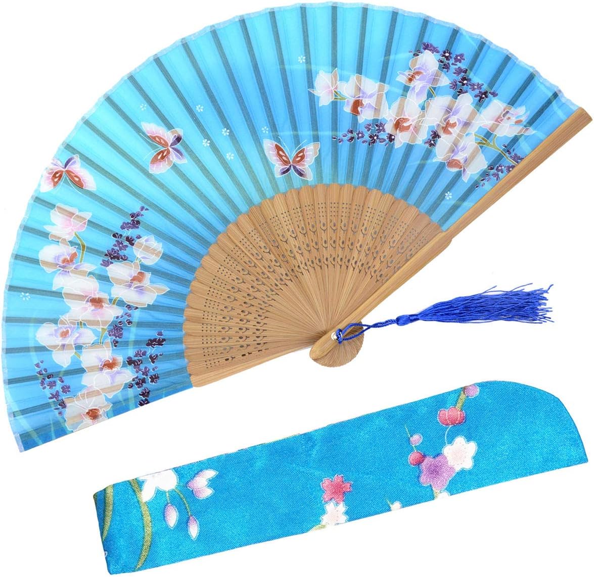 Handmade Silk Folding Fan with Bamboo Frame - Vintage Chinese/Japanese Style for Women & Girls - Gift-Ready with Protective Sleeve (WZS-33)
